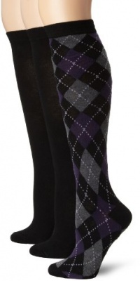 Nine West Women's Argyle Print and Solid Flat Knit 3 Pair Knee High Pack Socks