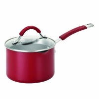 KitchenAid Aluminum Nonstick 2-Quart Covered Straining Saucepan with Pour Spouts, Red