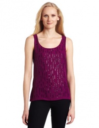 Ak Anne Klein Women's Petite Sleeveless Scoop Neck Tank Top with Sequins, Dark Raisin, Petite