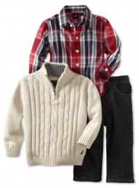 Nautica Sportswear Kids Baby-Boys Infant 3 Piece 1/4 Zip Long Sleeve Woven Shirt And Denim Pant Sweater Set