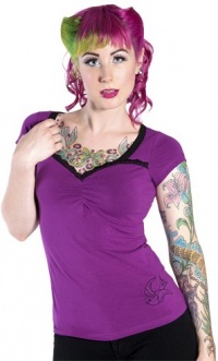 Purple Fly-Rite Shirt with Black Neck Border and Black Sparrow at Bottom Hem from Sourpuss Clothing