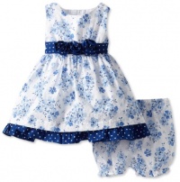 Nannette Baby-Girls Infant Floral Printed Swiss Dot Dress and Panty Set, Swing Blue, 12 Months