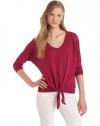 C&C California Women's Vintage 3/4 Sleeve Tie Front Dolman Top, Beet Red, Small