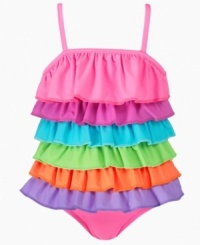 Rainbows colors and ruffles are the perfect pair in this darling two-piece tankini from Flapdoodles. (Clearance)