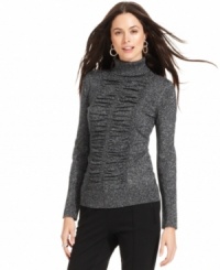 Alfani puts a chic spin on a turtleneck sweater by adding ruched panels at the front and metallic touches throughout.