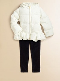 Soft to the touch and supremely plush, a cozy puffer coat gets a girly makeover with an adorable peplum hem for a look that's stylish and warm.Attached hood with elasticized openingLong sleevesFull-zip frontHidden, fleece-lined hand pocketsPeplum hemFully linedPolyesterFill: 60% down/40% feathersMachine washAdditional InformationKid's Apparel Size Guide 