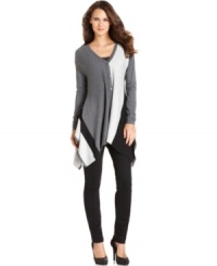 Alfani's colorblocked cardigan looks extra stylish with an asymmetrical hem.