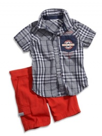 GUESS Kids Boys Baby Boy Plaid Shirt & Pull-On Short, NAVY (24M)