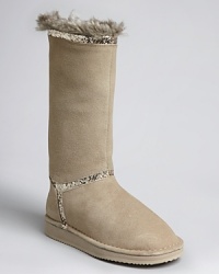 From Juicy Couture, an updated suede boot with glitter trim and plush faux-fur lining for cold-weather comfort.