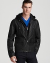 A leather bomber adds classic appeal and a definite edge to your everyday style from Michael Kors. Note the unique detachable hood detail for the designer's unique touch.