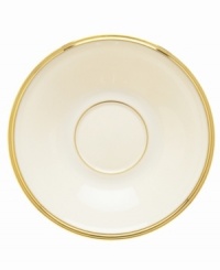 Forever elegant, the Eternal tea saucer from Lenox accents the table in timeless ivory china with sumptuous gold banding. Coordinates with Eternal Gold stemware.