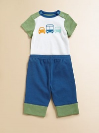 Get your little one moving in this handsome three-piece set with automobile printed bodysuit, matching pants and hat.Crewneck with shoulder snapsShort sleevesBottom snapsElastic waistbandElastic waistbandCottonMachine washImported Please note: Number of snaps may vary depending on size ordered. 