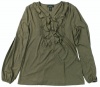 Lauren Jeans Co. Women's Long Sleeve Ruffled Henley Shirt (Loden Heather Green) (Medium)