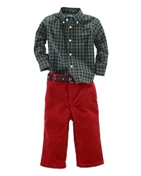 A handsome plaid shirt and a pair of soft corduroy pants with a penguin-embroidered belt for a perfectly preppy finish create a handsome combination for your baby boy's outings.