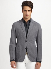 A simple, single-breasted sport coat is rendered in a versatile cotton blend, finished with impeccable stitching for a streamlined silhouette.Button-frontNotch lapelChest welt, waist flap pockets55% cotton/45% linenDry cleanImported