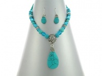 Winnity Turquiose and Ice Blue Beads Teardrop Necklace and Earrings Set Antique Silver Tone