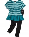 GUESS Kids Girls Little Girl Striped Peplum Top and Leggi, TEAL (3T)