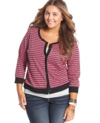 Look pretty in polka-dots with American Rag's three-quarter-sleeve plus size cardigan!