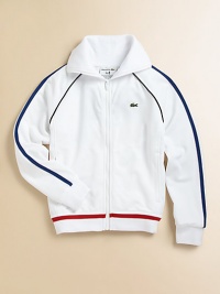 He'll be at the top of his game in this zip-front track jacket with slash pockets and sporty stripes for cool athletic style.Stand collarLong sleevesFull-zip frontSlash pocketsRibbed cuffs and hemFully linedPolyesterMachine washImported