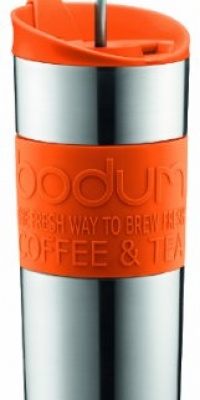 Bodum Double-Wall Stainless Steel Travel Coffee and Tea Press with Bonus Lid, 0.45L, 16oz, Orange