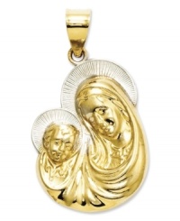 As symbolic as it is endearing, this intricate mother and infant charm features a 14k gold setting with sterling silver halo accents. Chain not included. Approximate length: 9/10 inch. Approximate width: 1/2 inch.