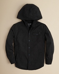 Cool, crisp and impeccably designed, a woven button down shirt is updated with an attached hood and front welt pockets.