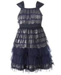 Perfectly prepped for the party. She'll shimmer and shine in an elegantly tiered dress from Bonnie Jean.