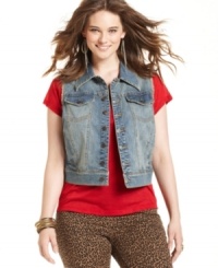 Lend a rugged feel to your outfit with American Rag's plus size denim vest, accented by frayed trim.