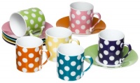 Classic Coffee & Tea White Dots Espresso Cups & Saucers, Set of 6, Assorted