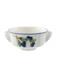 The Cottage Inn cream soup cup is a colorful addition to the sophisticated table. Lush, dancing clusters of ripened blueberries, raspberries and cherries are a stunning contrast on creamy white porcelain and lend every meal a touch of traditional elegance.