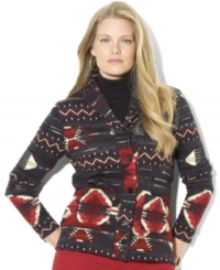 Lauren Ralph Lauren's heritage shawl-collar plus size cardigan is rendered in a soft fleece for comfort and style.