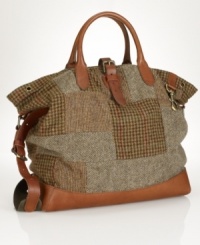 Evoking the aesthetic of vintage fishing bags, a timeless silhouette is lent modern polish from a patchwork tweed construction with leather accents.