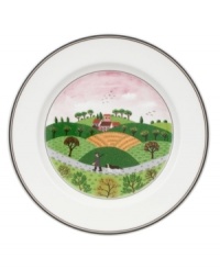 A hunter and his hound dog follow tracks up and down the hillside on this Design Naif salad plate, featuring premium Villeroy & Boch porcelain.