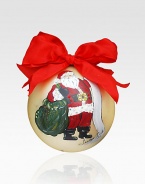 This cheerful glass ornament is decorated with a jolly Santa, list in hand.Arrives in green velvet gift box 2¾ diam. Imported 