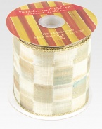 For wrapping or decorating, indoors and out, this signature ribbon has a linen-like texture and wired edges to adorn everything from packages to the banister to the tree.Checks on one side, solid gold on the otherWater-resistant for indoor or outdoor useWired for easy shaping10-yard spool4 widePolyester/metallicImported