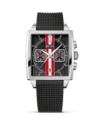 Inspired by motorsport's checkered racing flag, this HUGO BOSS timepiece features a square face with grid-textured dial and bold stripe detail.