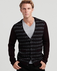 Theory offers up a seasonal favorite, the button-front cardigan, this one rendered with a warm print on the body and solid sleeves and back panel.