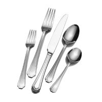 Crafted of durable stainless steel with a shiny mirror finish, this versatile flatware set adapts easily to any occasion, and is specially designed to last beautifully, polish-free. Service for twelve includes 12 of each: dinner fork, salad fork, dinner knife, dinner spoon & teaspoon, plus one cold meat fork, one tablespoon, one pierced tablespoon, one butter knife and one sugar spoon.