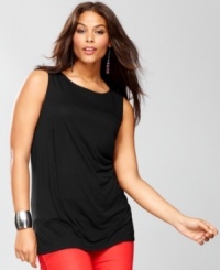 Guess who's back? INC's sexy plus size top brings the heat with a cowl-draped back and a panel of romantic lace.