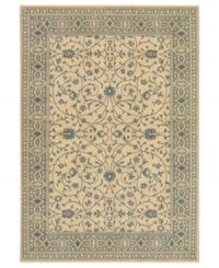 Cool and cordial, this sweet Karastan area rug welcomes you to the most comfortable spot in your home. A soft beige ground is trimmed with lane-blue patterns in a pleasing design inspired by antique English manor house rugs. Wool construction with cotton foundation for added strength and softness.