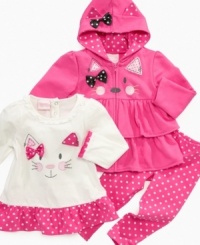 She'll love the lovely ruffles and cute kitty face, you'll love how comfy you can keep her in this hooded jacket, top and leggings set from Nannette.