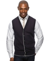 Button up and break out of your style funk with this tipped button-front sweater vest from Argyleculture.