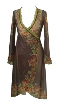 Brown Wrap Cardigan Designed by Michal Negrin with Victorian Floral Print, Long Sleeves, Ruffled Cuffs, Lace and Velvet Trim - Size XXL