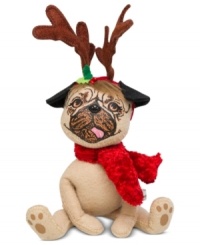 Even animals go wild for Christmas, like this cozy pug featuring a velvety red scarf, antlers and the unmistakable whimsy of Annalee.