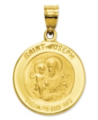 Keep divine inspiration close. This engraved medal reads Saint Joseph Pray For Us and features an intricate depiction on the front. Crafted in 14k gold. Chain not included. Approximate length: 9/10 inch. Approximate width: 6/10 inch.