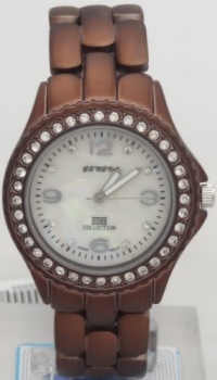 Geneva Quartz Women Watch Rhinestone Accent Brown Enamel Bracelet Watch