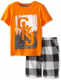 Calvin Klein Boys 2-7 2 Piece Short Sleeve Top With Plaided Short, Orange, 7