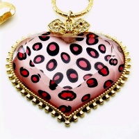 DaisyJewel Designer Couture: Betsey Johnson Pink Leopard Print Heart Pendant Necklace - Pretty Punk Girly Glam - 3D 1.5x2 Heart Shaped Centerpiece is Shimmery Pale Pink Leopard Print in Faceted Lucite with Gold Trim & is Crowned with a Diamond-Like Crys