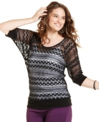 Flaunt your sassy side with Eyeshadow's elbow sleeve plus size top, crafted from sheer lace. (Clearance)