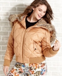 Score a luxe look for less with Baby Phat's plus size quilted puffer jacket, featuring a faux fur hood.